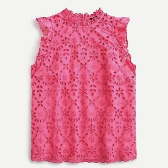 J. CREW HOT PINK EMBROIDERED EYELET MOCKNECK TOP WITH FLUTTER SLEEVES Size XL - Picture 2 of 5